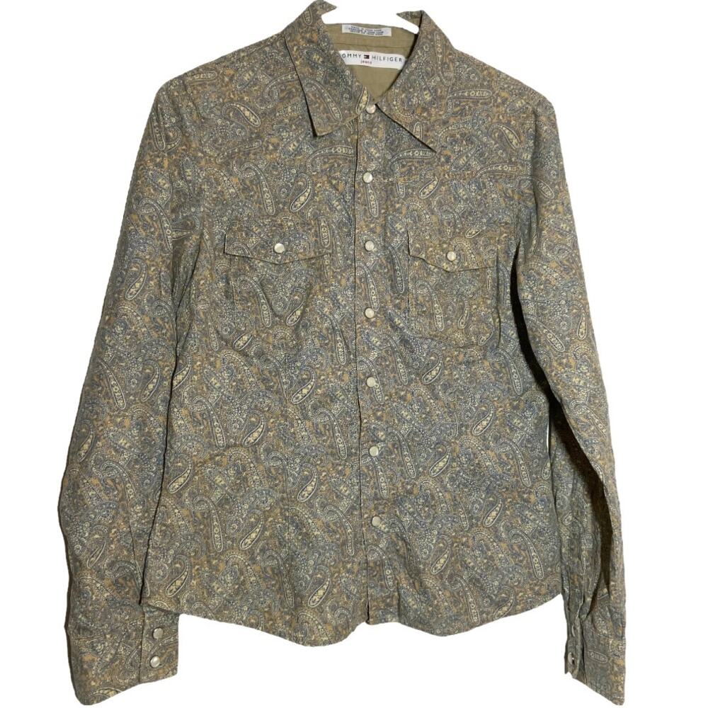 Vintage Tommy Hilfiger Pearl Snap Button Rodeo Shirt 80s Corduroy Paisley Tan M